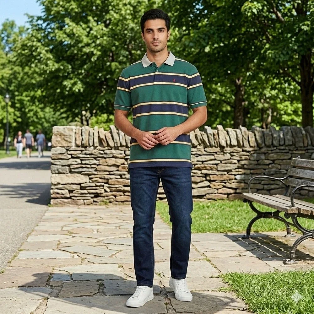 Vintage Polo Ralph‎ Lauren BIG Mens Size 2XL Polo Shirt Green Striped Pique USA
